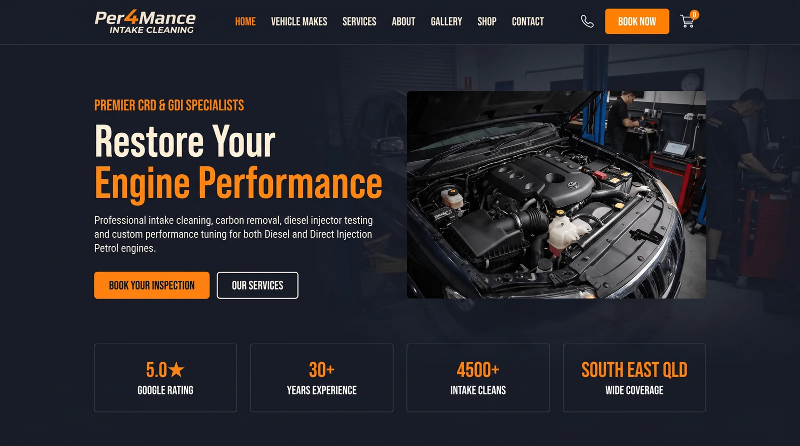 The Intake Cleaning homepage, with an open engine bay and four headline statistics