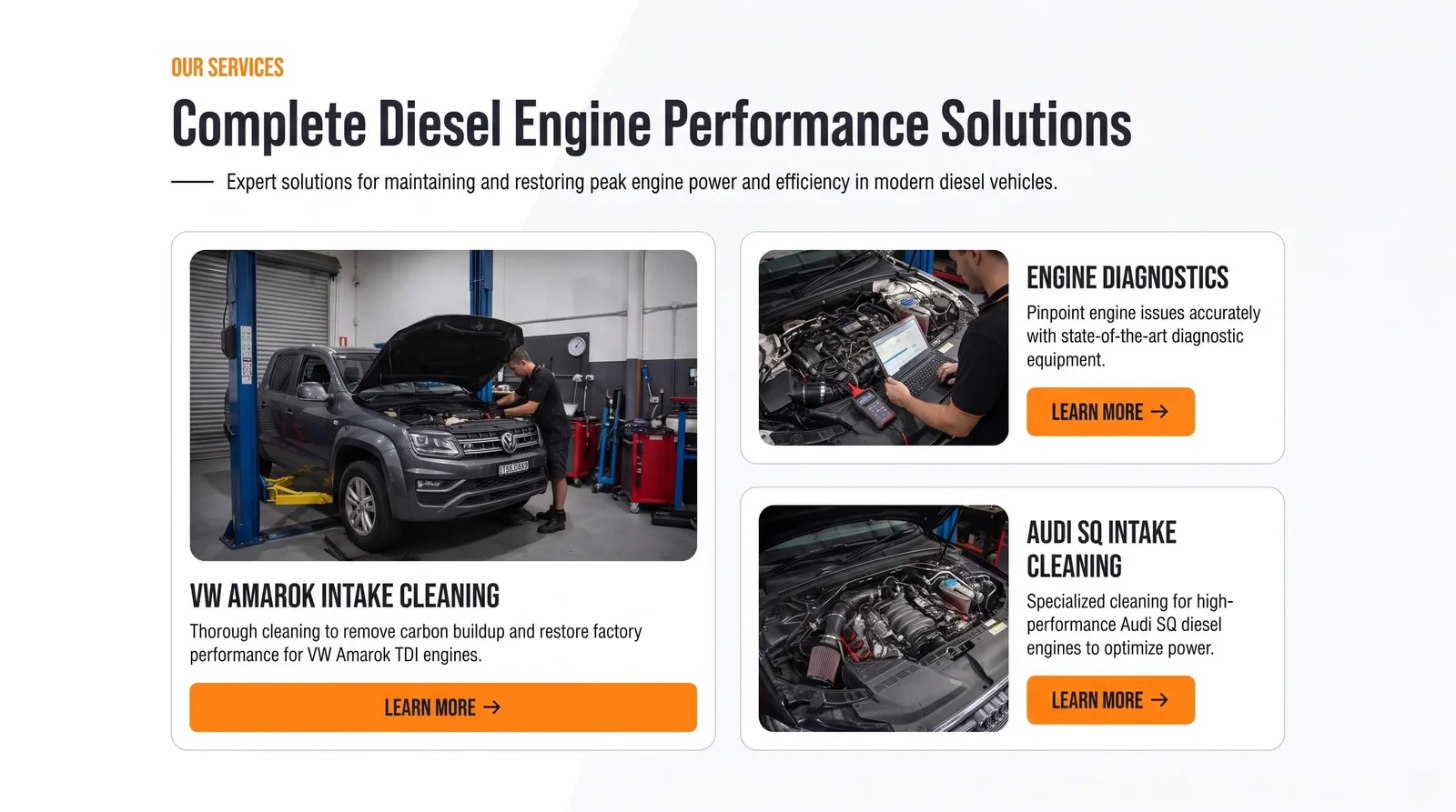 Three services illustrated with photographs of vehicles on ramps in the workshop