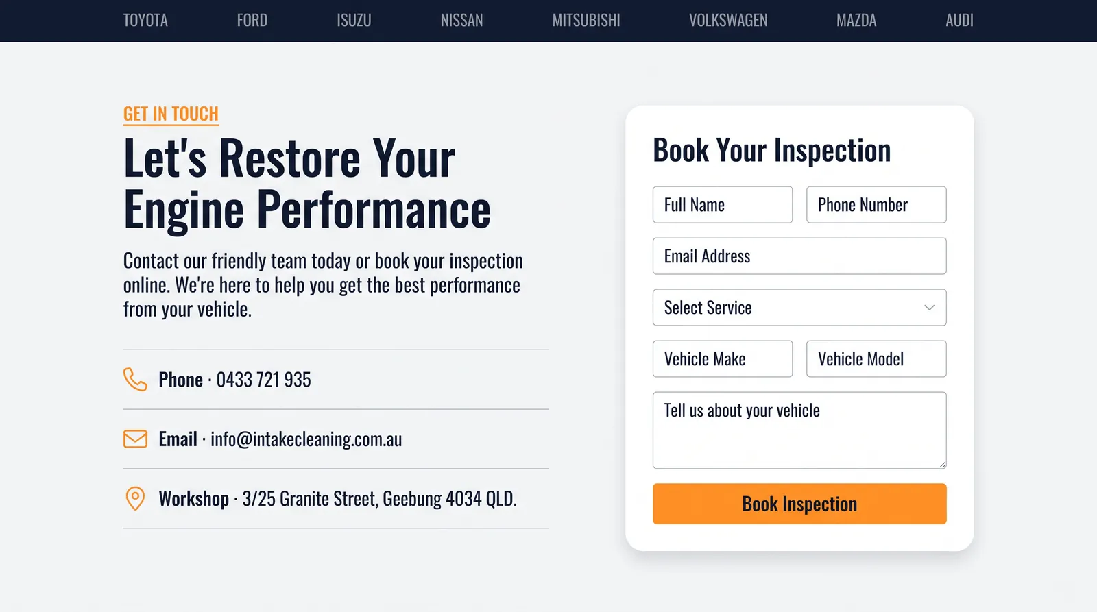 The booking form asking for service, vehicle make and model, above a row of supported makes