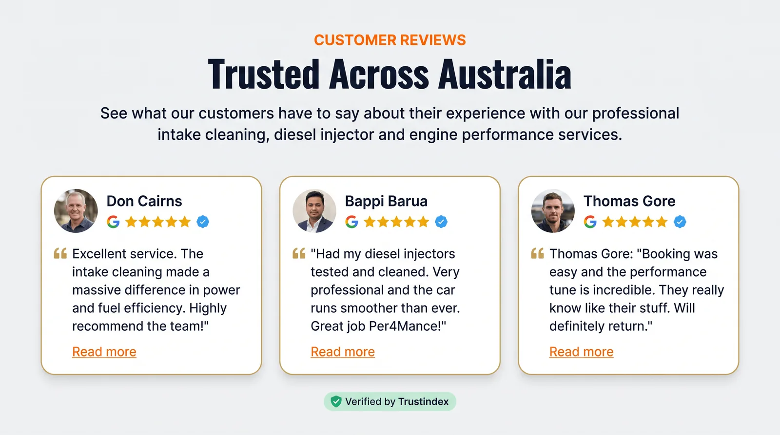 Three verified Google reviews with customer photographs