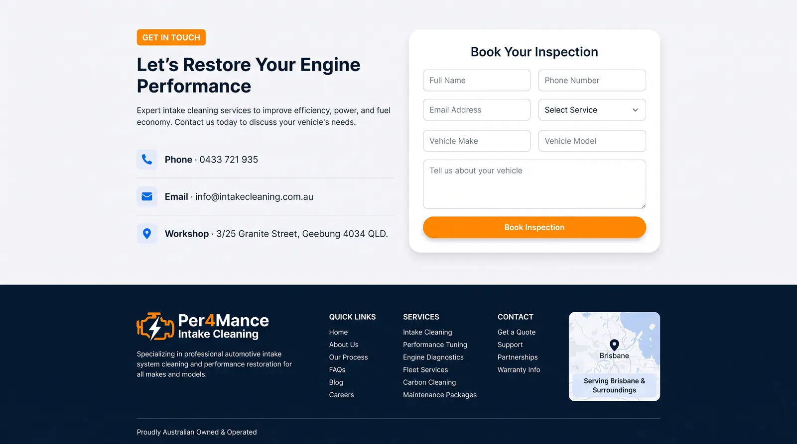 The closing contact section and dark footer with a Brisbane service map