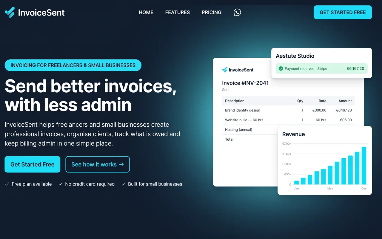 The InvoiceSent homepage, showing an invoice, a paid notification and a revenue chart