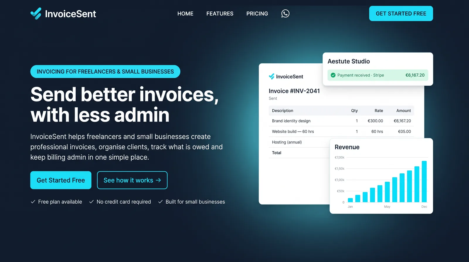 The InvoiceSent homepage, showing an invoice, a paid notification and a revenue chart
