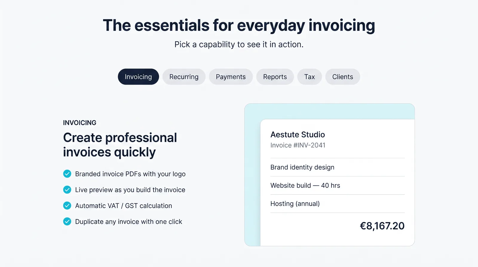 A capability switcher with invoicing selected, beside a live invoice preview