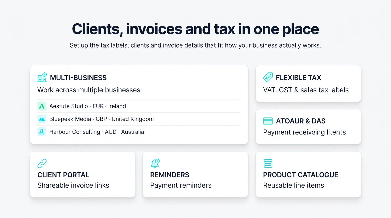Six cards covering multi-business, flexible tax, client portal, reminders and a product catalogue
