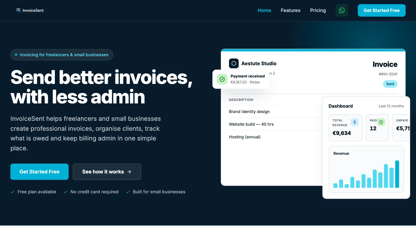 The InvoiceSent homepage, headed Send better invoices, with less admin, beside an invoice and revenue dashboard