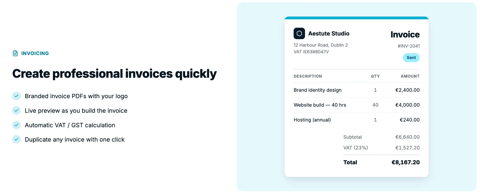 The Create professional invoices quickly section with a live invoice preview