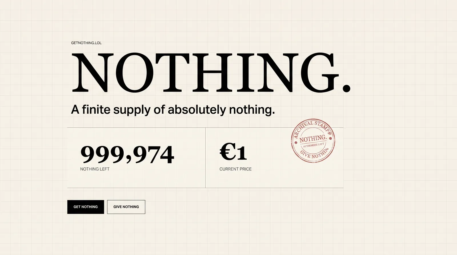 The NOTHING. homepage, showing units remaining, the current price and an archival stamp
