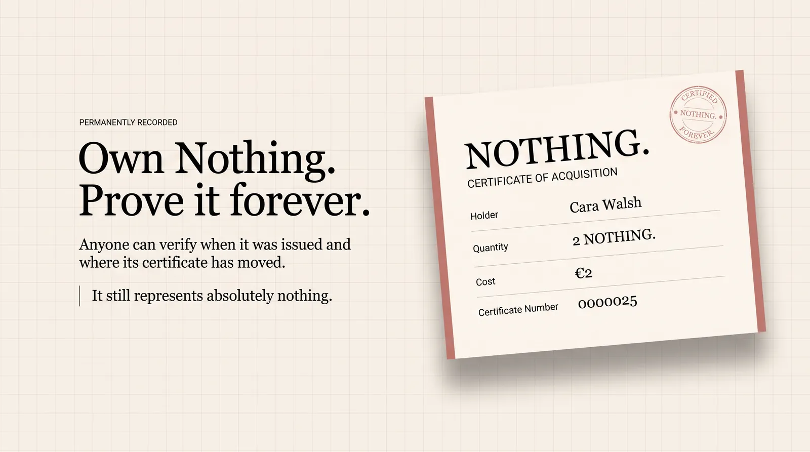 A stamped certificate of acquisition listing holder, quantity, cost and certificate number