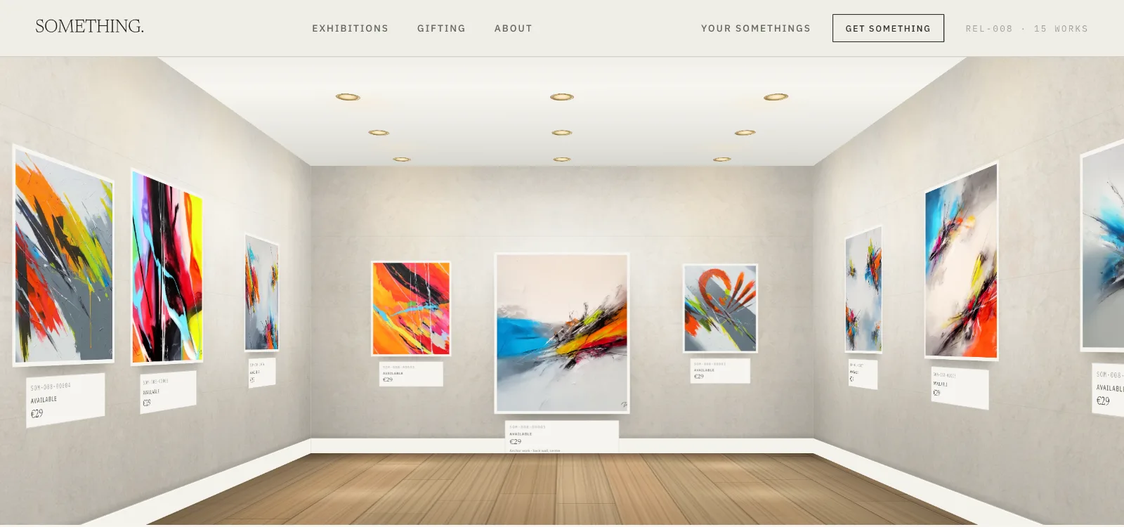 A virtual gallery room hung with abstract paintings