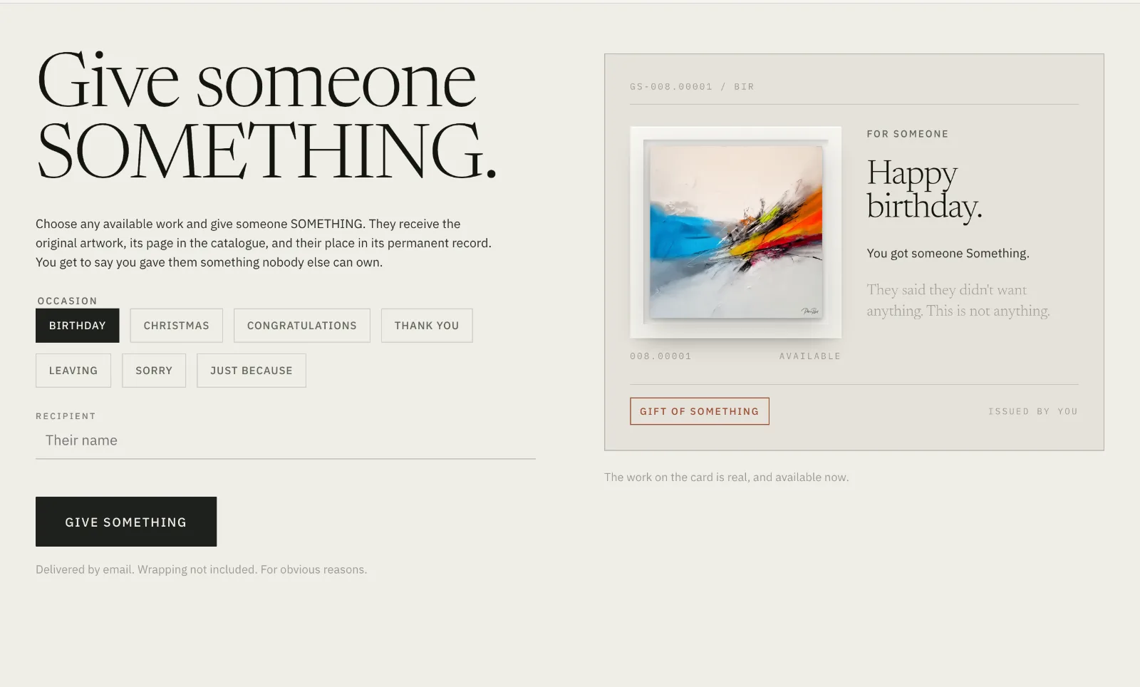 The gifting form with occasions, beside a birthday gift card