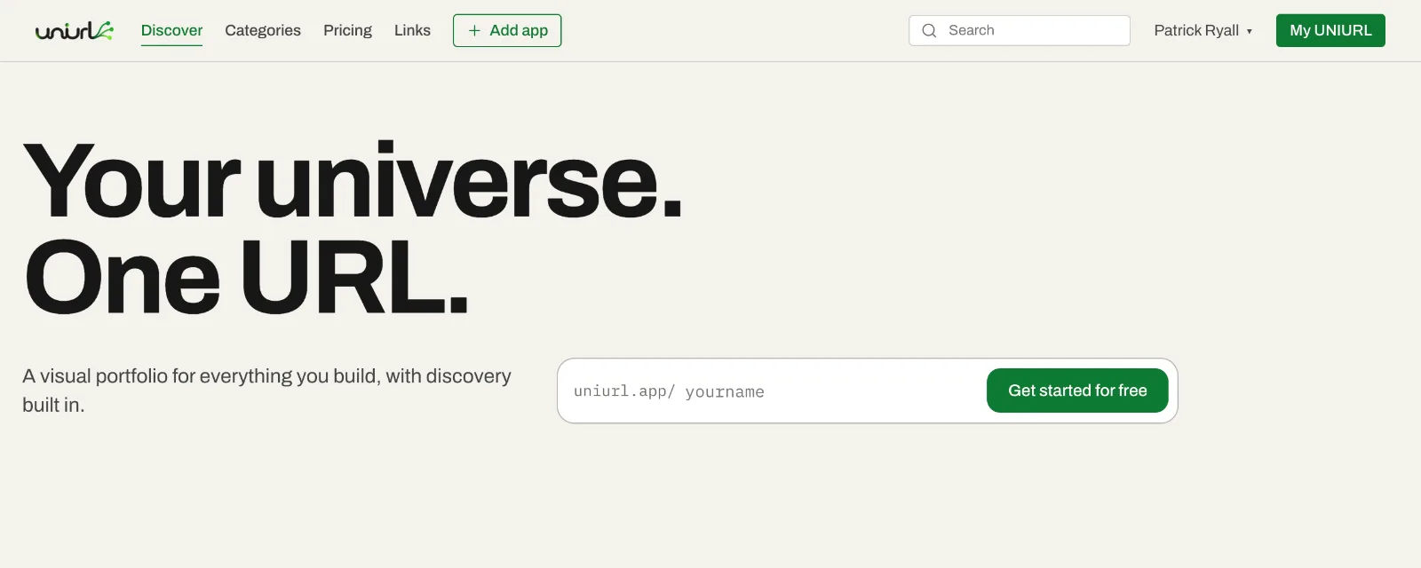 The UniUrl homepage, headed "One page for everything you build", with a discovery nav and a random-pick panel