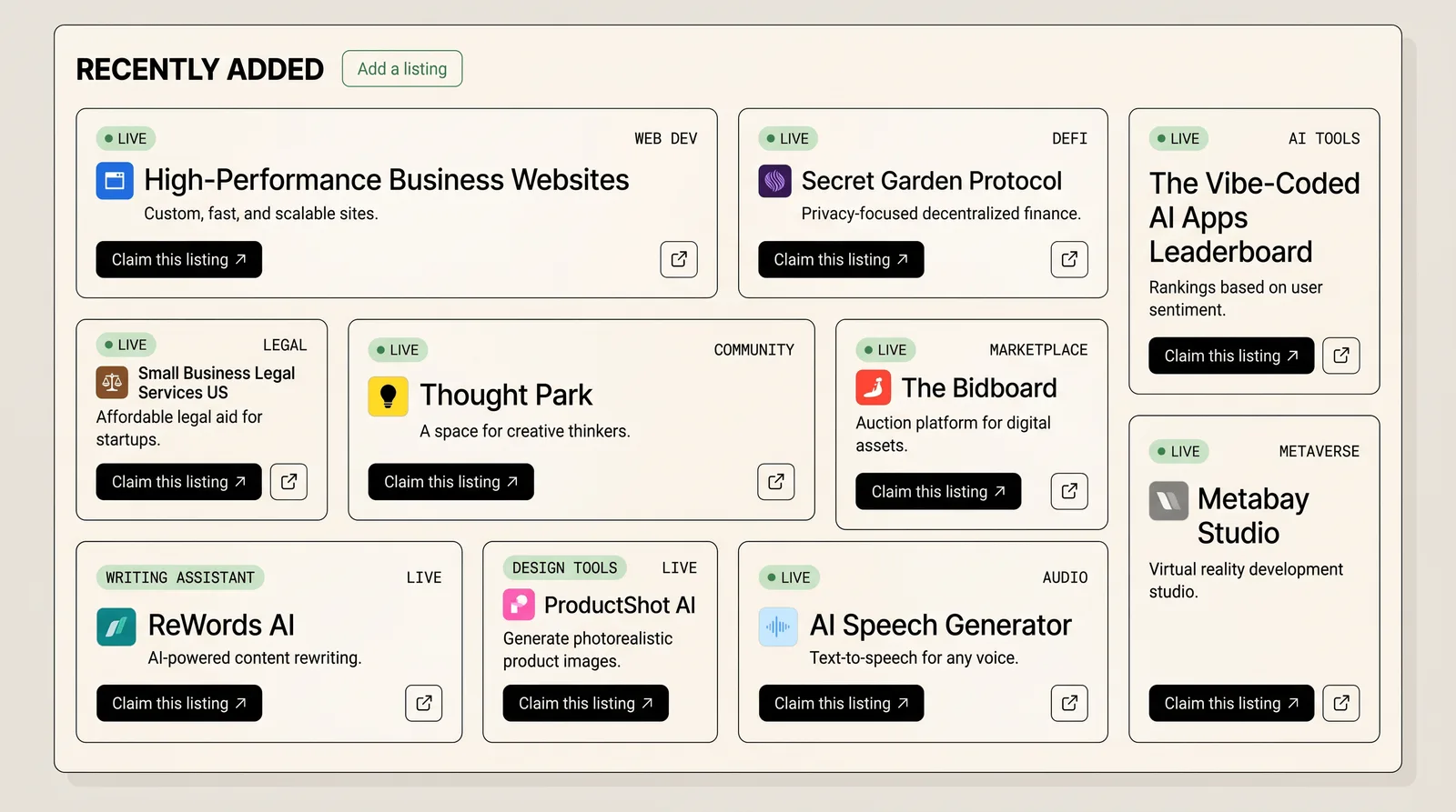The recently added wall: listings in a mixed grid, each tagged by category and offering a claim button