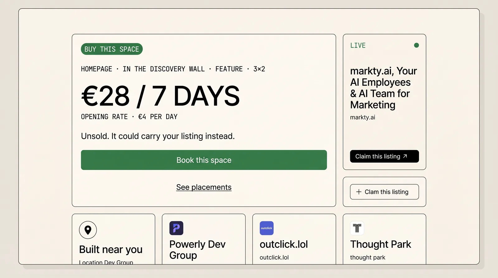 A paid placement offered for sale: a 3x2 feature slot in the homepage discovery wall at 28 euro for 7 days