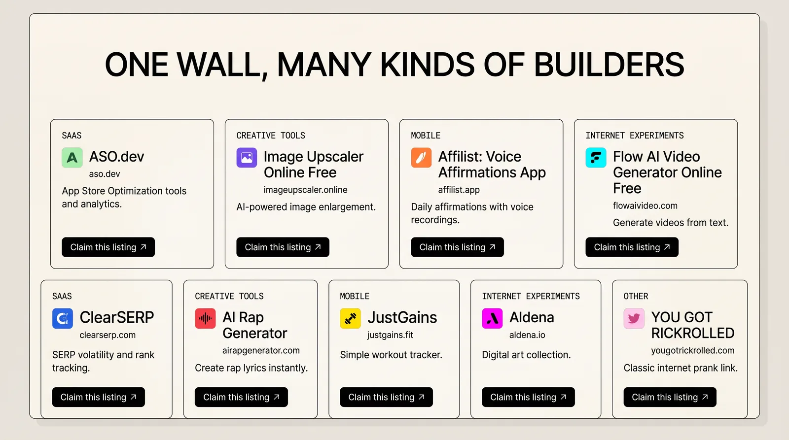 A section headed "One wall, many kinds of builders", with listings grouped as SaaS, creative tools, mobile and internet experiments