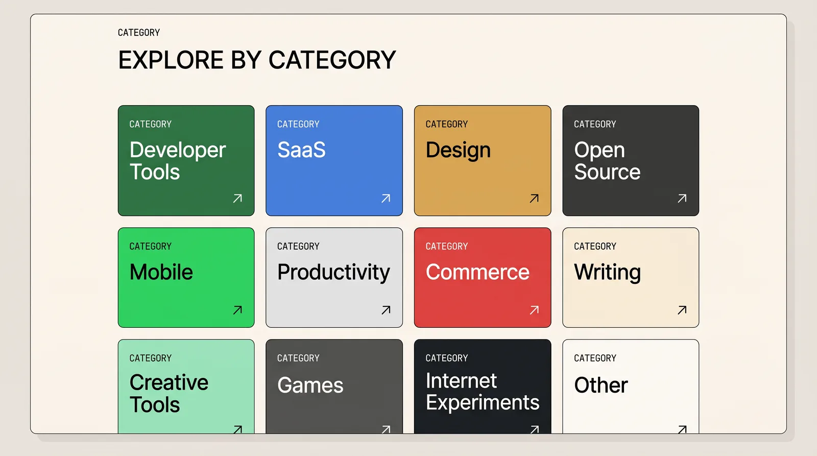The explore-by-category grid: twelve colour-coded tiles from developer tools to games