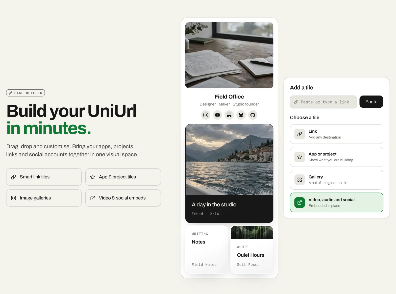 The Build your UniUrl in minutes section, with a profile board and the add-a-tile panel