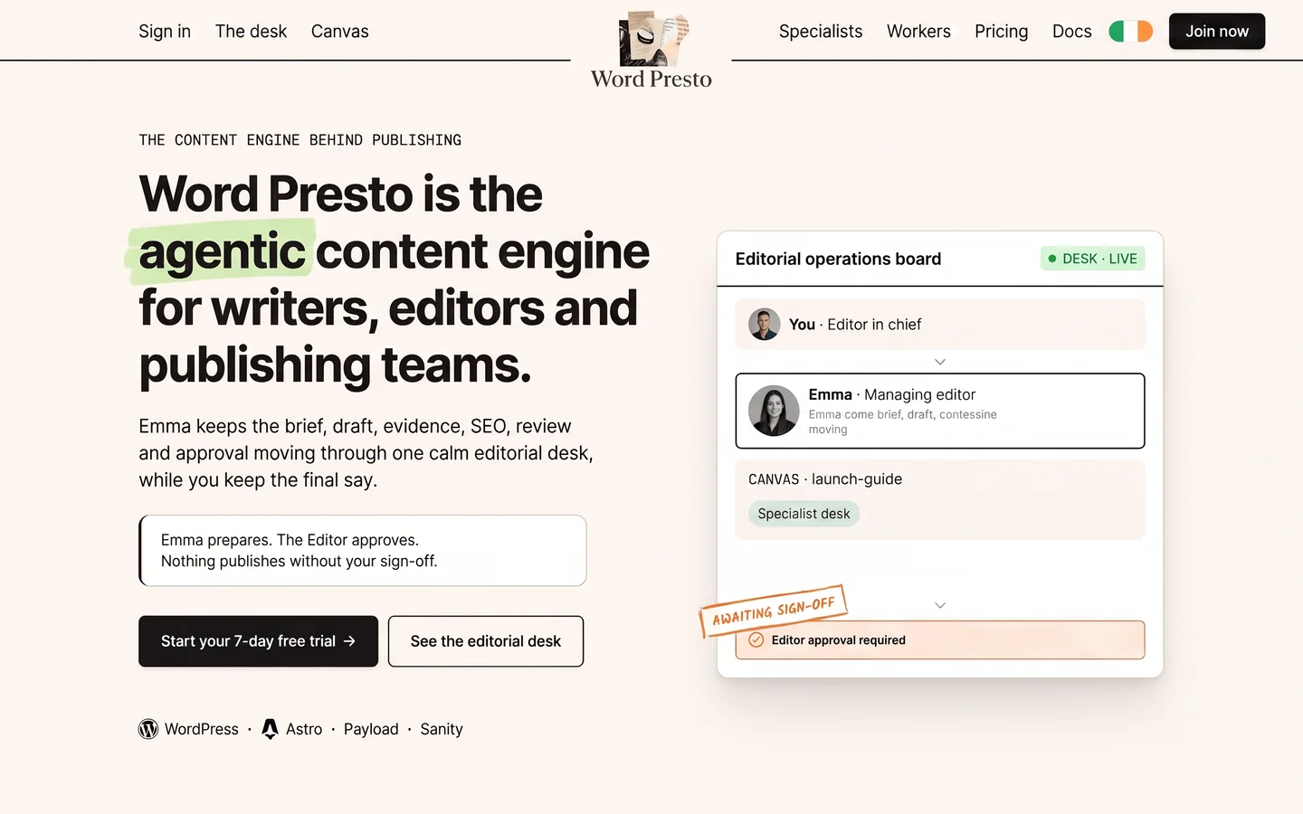The Word Presto homepage, showing the editorial operations board awaiting editor sign-off