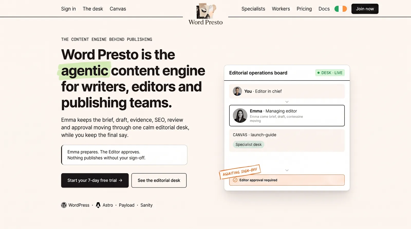 The Word Presto homepage, with the editorial operations board awaiting editor sign-off