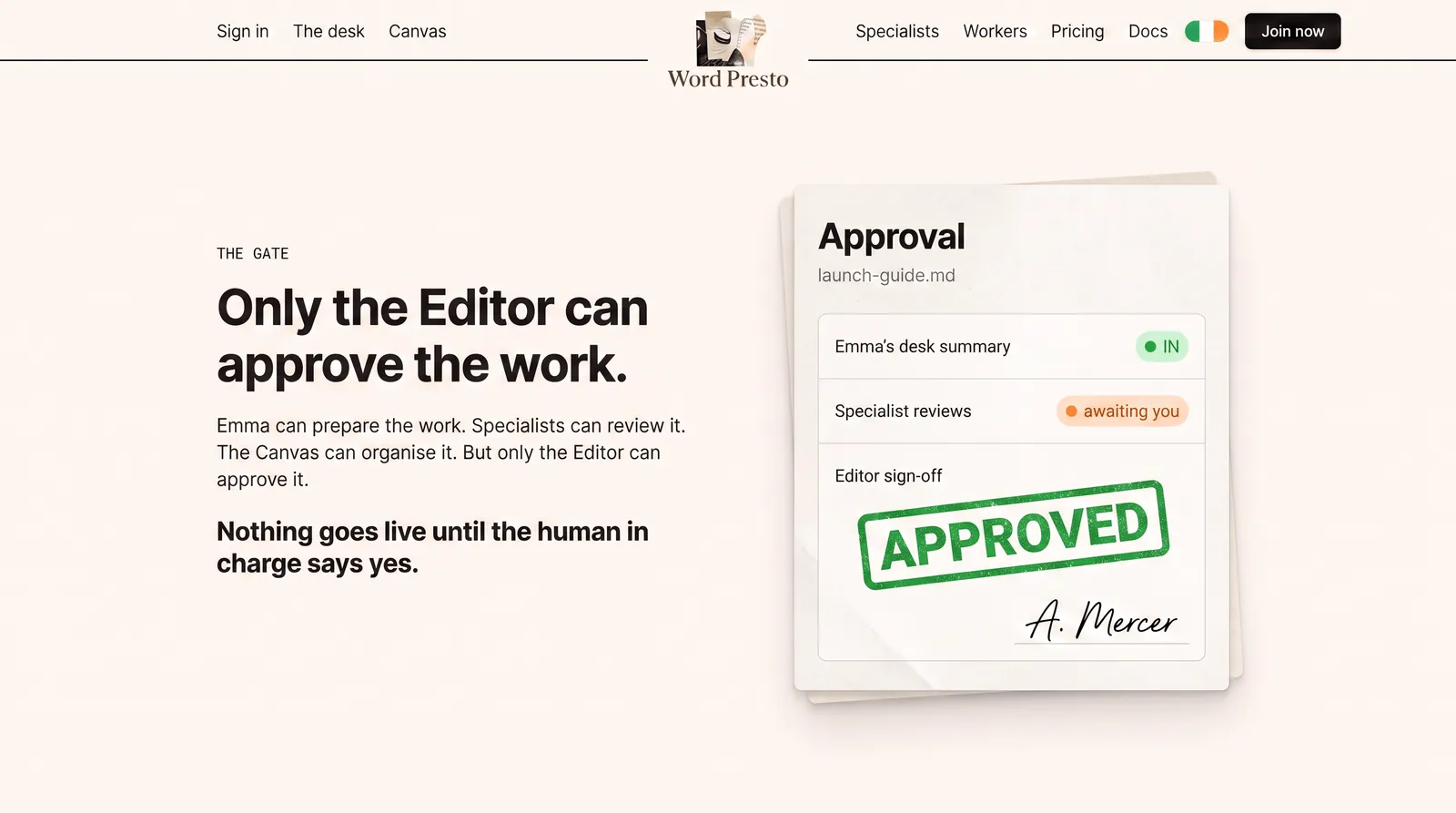 An approval sheet stamped APPROVED and signed by the editor