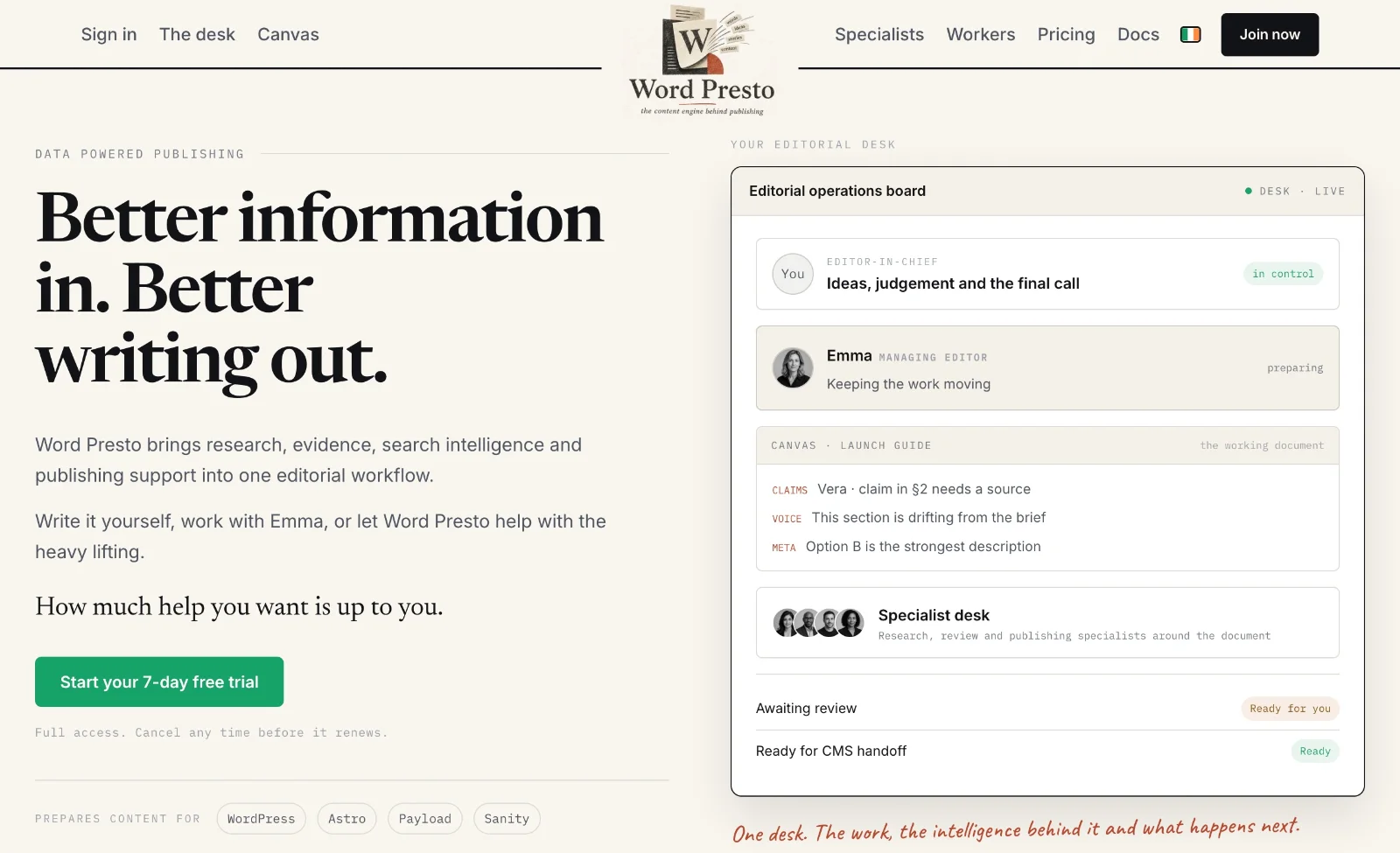 The Word Presto homepage, headed Better information in. Better writing out, beside the editorial operations board
