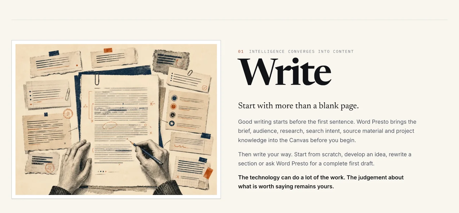 The Write section, explaining how research and the brief feed the Canvas